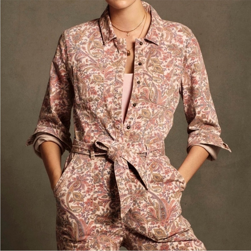 Anthropologie Paisley Utility Jumpsuit Belt Snap Front Denim Pockets Pink Sz XS